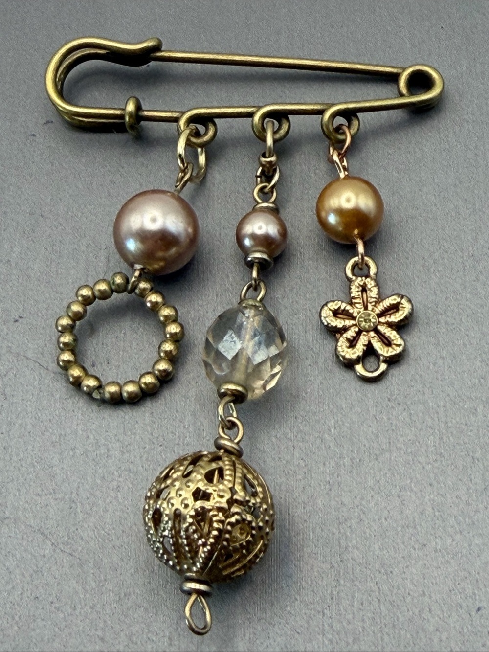 Gold-Tone Filigree Dangle & Faux Champagne Pearl Safety Pin Brooch